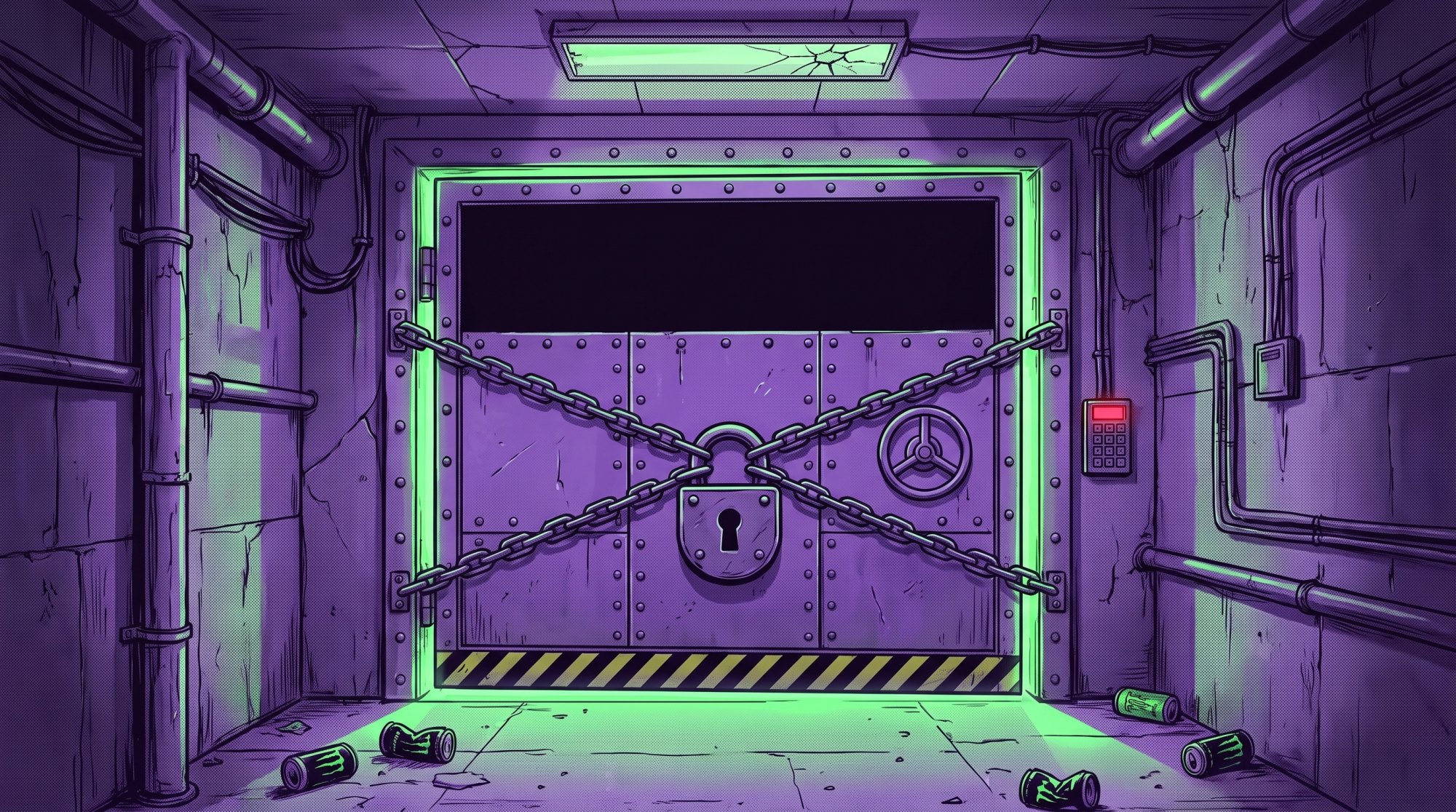 A chained and padlocked bunker door with green light leaking from behind it.